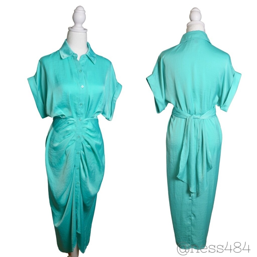 Steve Madden Midi Dress Women Size 2 Teal Tie Waist Draped Satin Shirt Dress - Picture 3 of 5